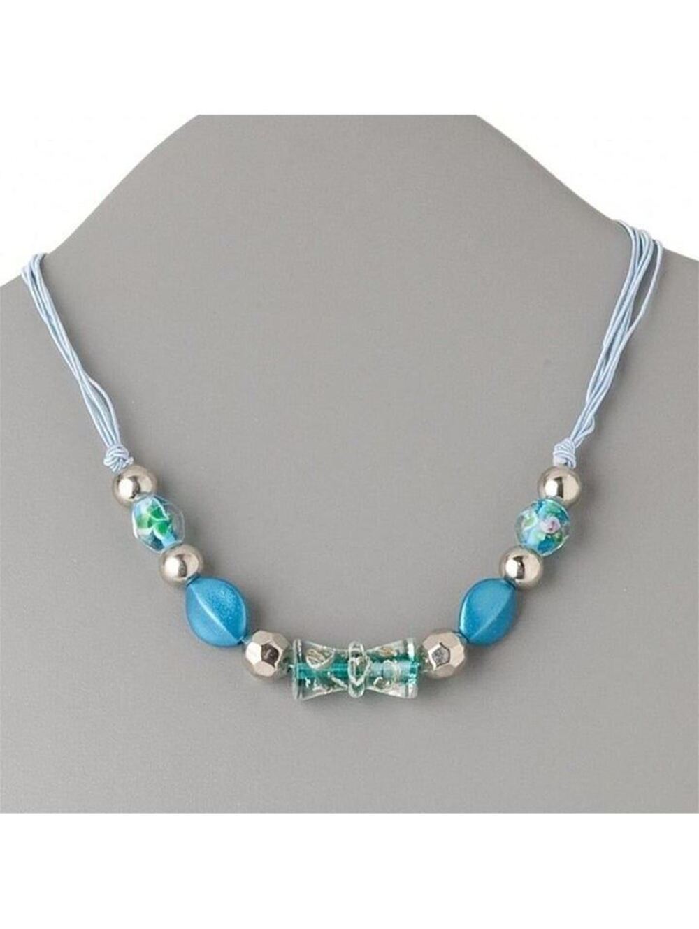 Turquoise Blue Murano Inside Flowers Lampwork Glass and Acrylic Beads Necklace
